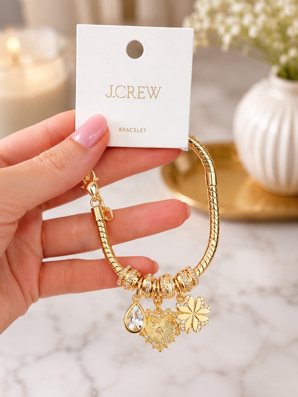 J. Crew Gold-Tone Charm Bracelet with Heart, Clover & Crystal Drop 💛